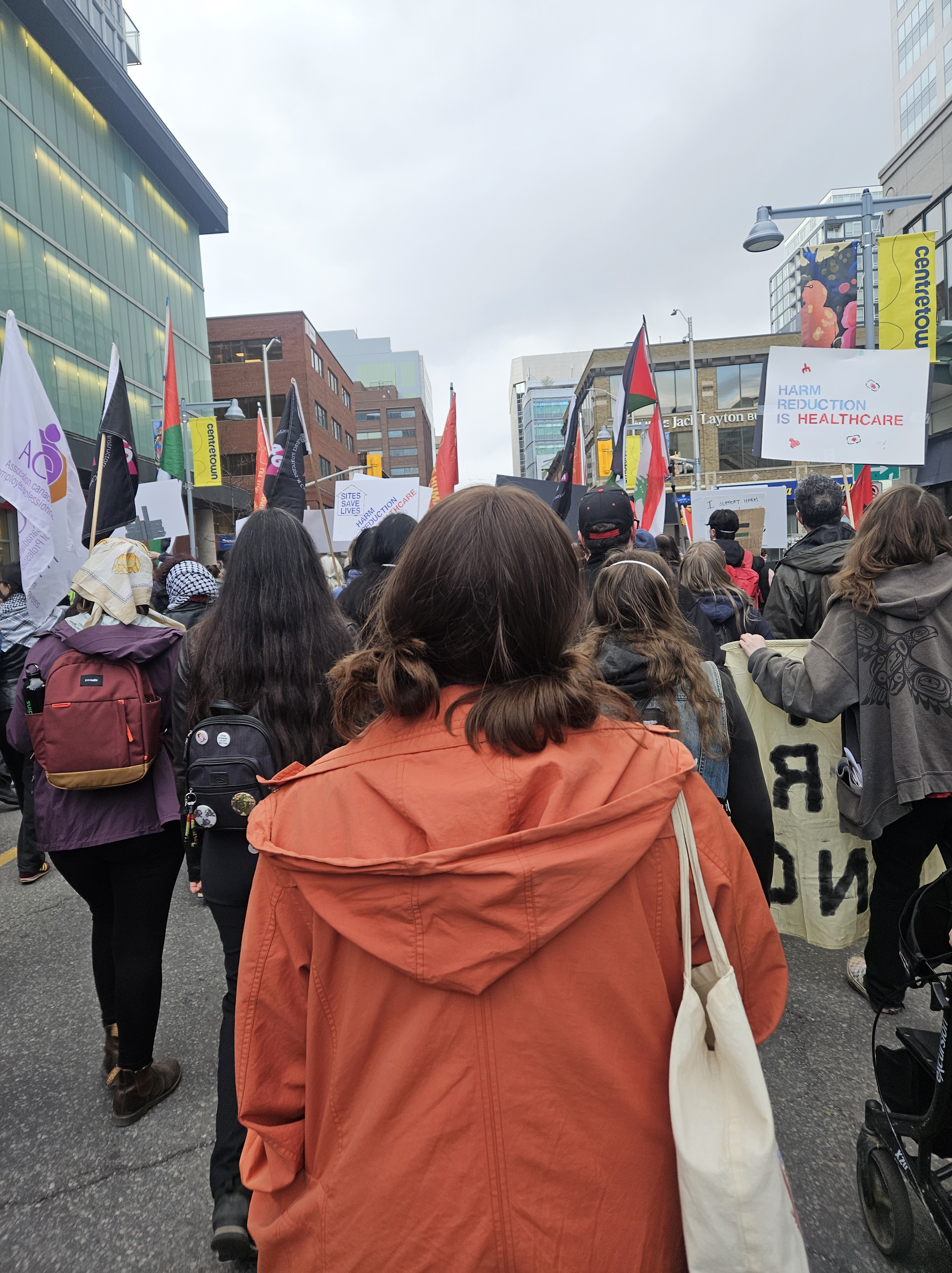 A pictures of the March down Bank Street Ottawa facing Laurier Street. The photo is of the backs of many people holding signs, banners and flags. One sign reads "Harm reduction is health care". Some of the flags include CUPE 4600, ACEP/CAPE, Palestine, and Lebanon.